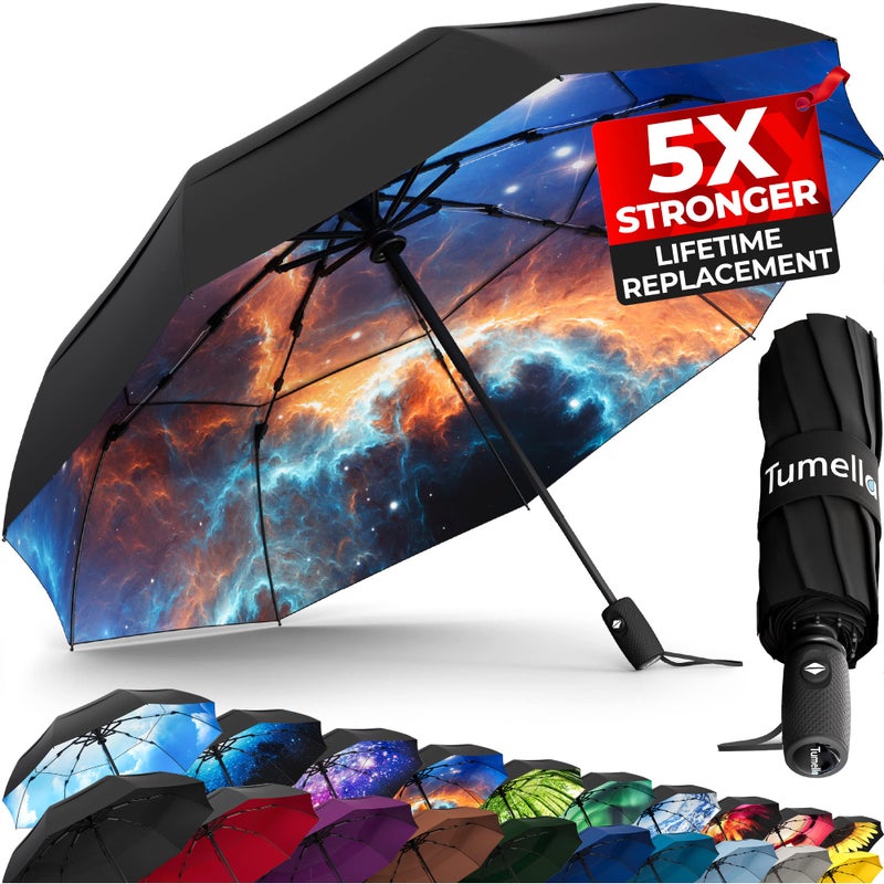 TUMELLA Strongest Windproof Travel Umbrella (Compact  Superior & Beautiful)  Small Strong but Light Portable and Automatic Folding Rain Umbrella  Durable Premium Grip  Fits Car & Backpack - Image 1